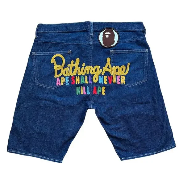 L 34 Waist Bape Jean Shorts Rainbow Champion Logo Embroidered - Picture 1 of 4